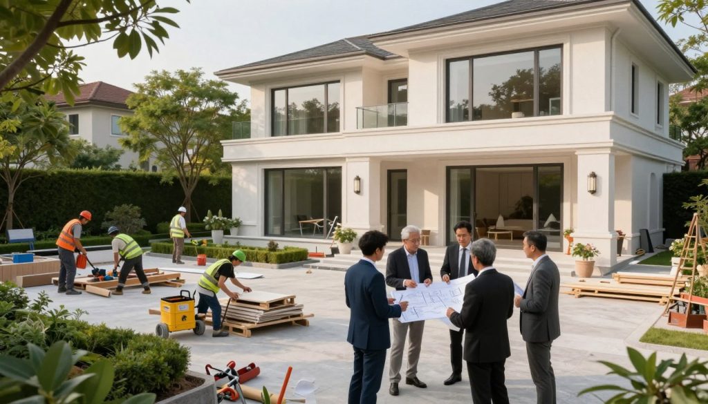 A modern luxury villa undergoing renovation, featuring an elegant façade of white stucco and large glass windows reflecting the sunlight. In the foreground, a group of professional architects and designers, dressed in smart business attire, discuss blueprints and plans while observing the construction site. The middle ground showcases construction workers organizing materials and new landscape elements, with tools and equipment neatly arranged. In the background, lush greenery surrounds the villa, with mature trees and freshly manicured gardens, suggesting an upscale neighborhood atmosphere. Soft, warm lighting enhances the inviting mood of the scene, capturing a sense of creativity and harmony in luxury home renovation. The perspective is a slightly elevated angle to capture the expansive layout of the villa and the active renovation process.