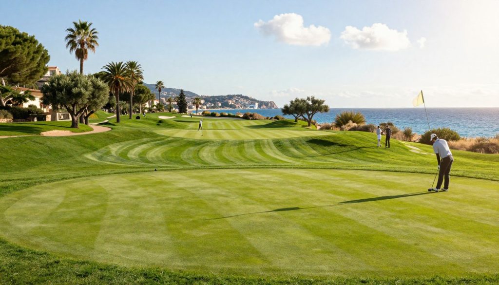 A picturesque golf course in the Côte d'Azur, showcasing rolling green fairways surrounded by vibrant Mediterranean vegetation. In the foreground, a well-manicured putting green with a sleek golf flag fluttering in the gentle breeze. The middle ground features elegant palm and olive trees lining the fairways, and golfers dressed in smart casual attire playing, focused and engaged. In the background, the sparkling azure coastline of the French Riviera glimmers under a bright, sunny sky with a few fluffy white clouds. Soft, warm sunlight bathes the scene, creating a serene and inviting atmosphere, ideal for a day of prestigious golf. The angle captures the depth of the course, emphasizing its beauty and allure.