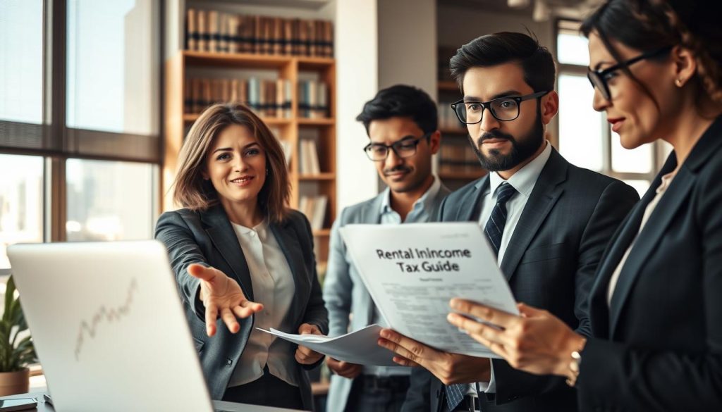 A detailed indoor office scene featuring a diverse group of professionals engaged in a discussion about rental income tax. In the foreground, a focused middle-aged woman in smart business attire gestures towards a laptop displaying financial charts. In the middle, a young man in glasses takes notes, looking attentively at a document titled "Rental Income Tax Guide." The background shows a bright, modern office with shelves filled with legal books, a large window letting in natural light, and a cityscape view. The overall atmosphere is one of professionalism and collaboration, evoking a sense of urgency and clarity regarding financial responsibilities. The lighting is warm and inviting, enhancing the sense of focus on the task at hand.