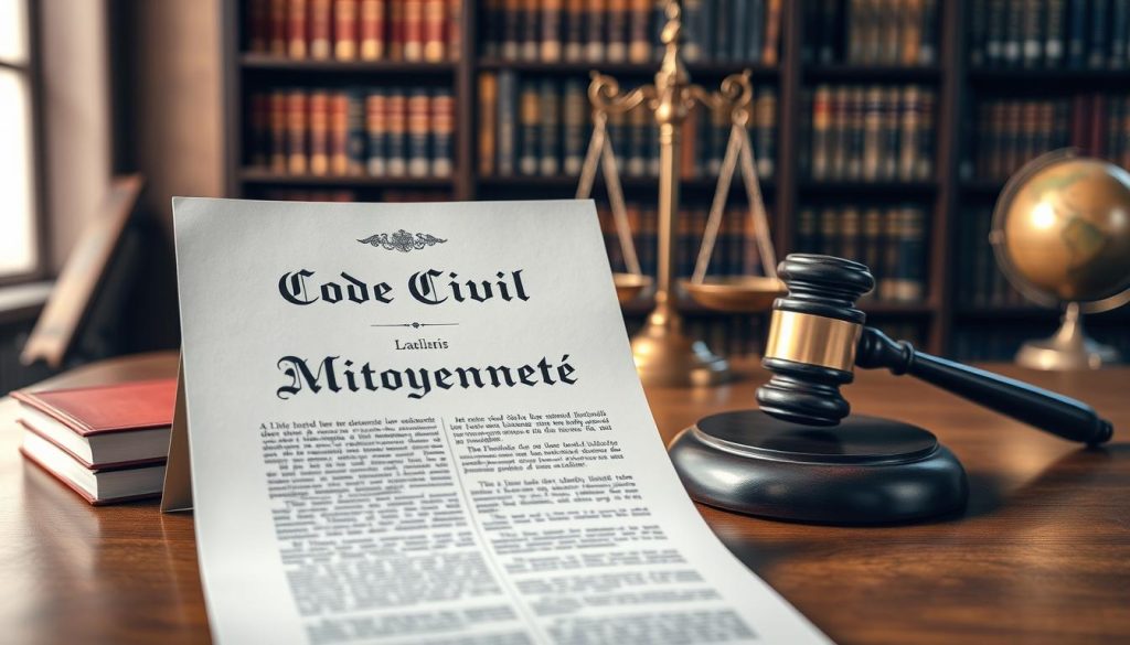 A detailed legal document titled "Code Civil Mitoyenneté" displayed prominently in the foreground, with elegant calligraphy and rich textures reflecting the importance of legal principles. In the middle ground, a gavel and scales of justice symbolize the legal context surrounding shared property rights, set on a polished wooden desk that adds warmth and professionalism. The background features a blurred library filled with law books and an antique globe, creating a scholarly atmosphere. Soft, diffused lighting highlights the document, casting gentle shadows that evoke a sense of seriousness and contemplation. The overall mood conveys authority, clarity, and the foundational aspects of legal ownership in property law.