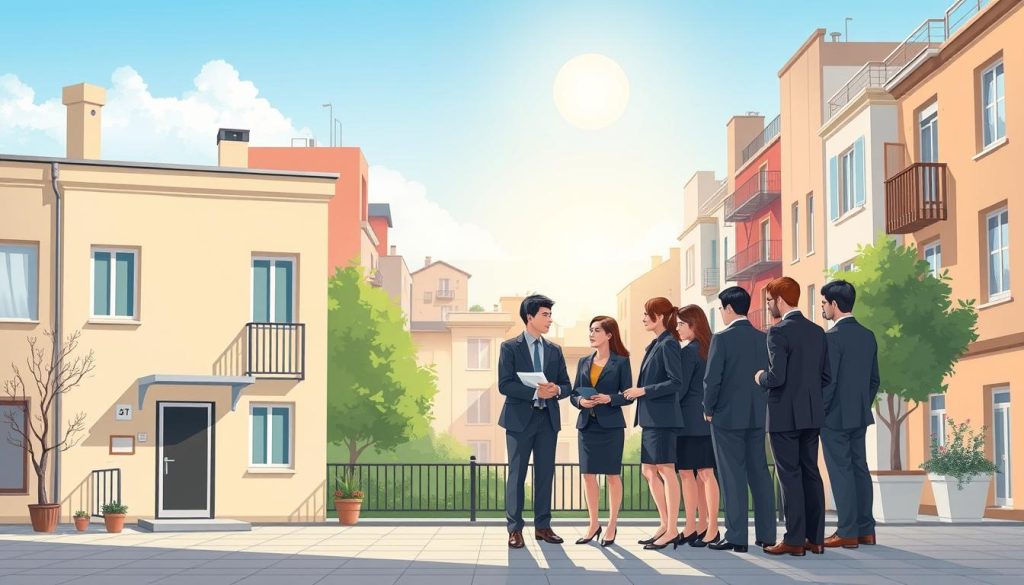 A thoughtful illustration focusing on the concept of "taxe foncière" in a serene urban setting. Foreground features a modest apartment building with a welcoming entrance, symbolizing residential life. In the middle, a diverse group of professionals dressed in business attire discusses a set of documents, highlighting the idea of responsibility and obligations related to local taxes. The background showcases a sunny day with a clear blue sky, overlaid with subtle architectural details of various local buildings, signifying the broader context of taxation. Soft, natural lighting casts gentle shadows, creating a calm atmosphere that encourages contemplation of civic responsibilities. The image captures a balance of information and engagement, evoking a sense of community mindfulness about property taxes.